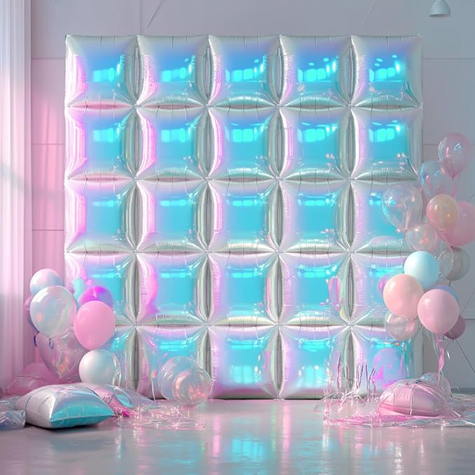 NISOCY 25PCS Iridescent Square Foil Balloons Wall Backdrop Holographic Balloons Tunnel Garland Arch Kit for Birthday Wedding Graduation Bridal Baby Shower New Year Rainbow Party Decorations