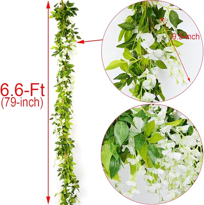 5pack Wisteria Garland Artificial Flowers Garland Fake Hanging Wisteria Vines for Wedding Floral Decor-Total 33 Ft (Milk White)
