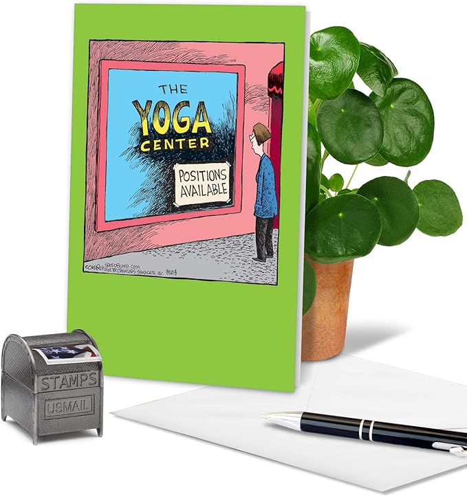 NobleWorks - 1 Humor Birthday Card with Envelope - Funny Cartoons for Birthday Greetings, Celebration Notecard - Yoga Center C6363BDG