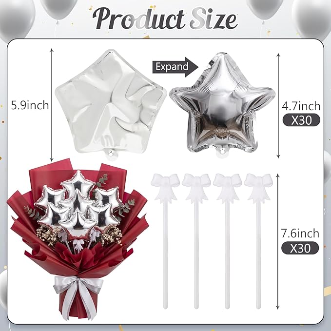 30 Pcs Star Self Inflatable Balloons with Bow Stems Star Foil Balloons Mini Pentagram Decoration for Patriotic Independence Day Graduation Birthday Baby Shower Anniversary(Silver,6 Inches)