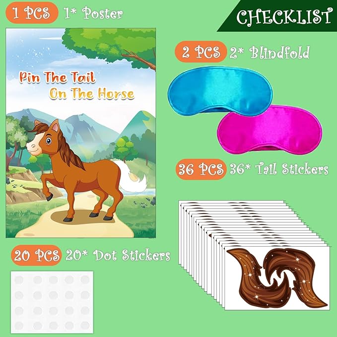 Pin The Tail on The Horse Game -Horse Party Games for Kids with 21'' x 28'' Poster, Resuable Tails Stickers Party Supplies for Kids Birthday Party Favor Sets