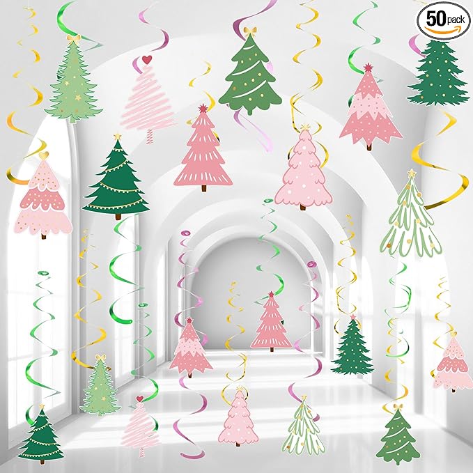 Colarr 50 Pack Pink Green Christmas Hanging Swirls Decorations Christmas Tree Foil Ceiling Swirls Spiral Streamers Ornaments for Classroom Office Home Xmas Holiday Winter Party Supplies