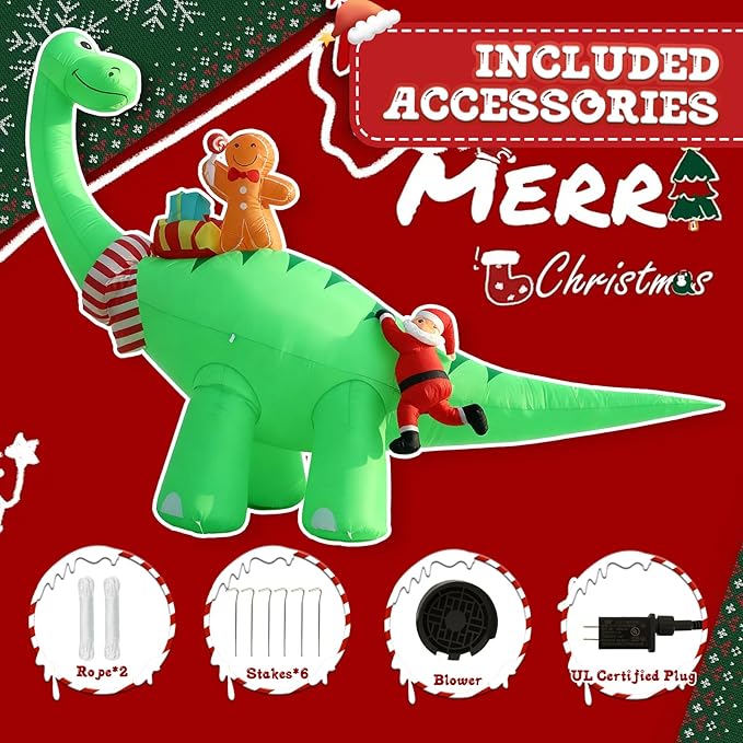 JOYHALO 12FT Giant Christmas Inflatables Dinosaur with Santa Claus, Blow Up Yard Decorations with Bright LED Lights, Christmas Outdoor Inflatables Also for Indoor Lawn Party Decor