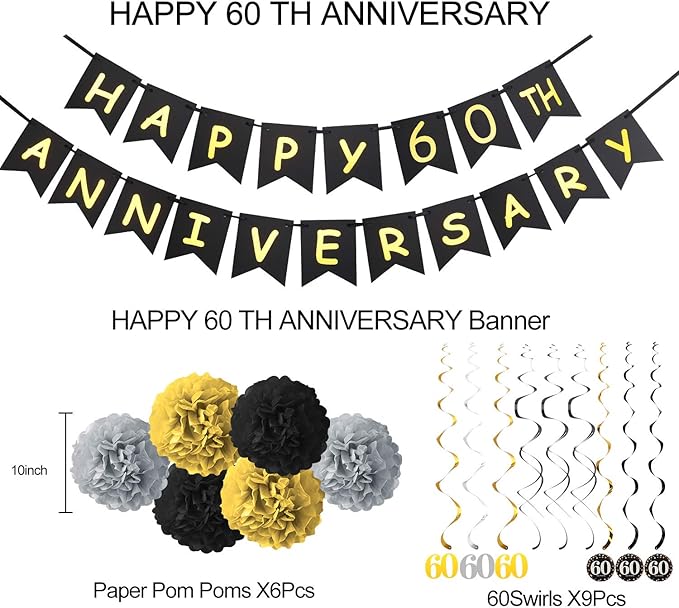 60th Anniversary Decorations Kit - Gold Glitter Happy Anniversary Banner, 9Pcs Sparkling Hanging Swirl, 6Pcs Poms - For 60th Wedding Party Decorations
