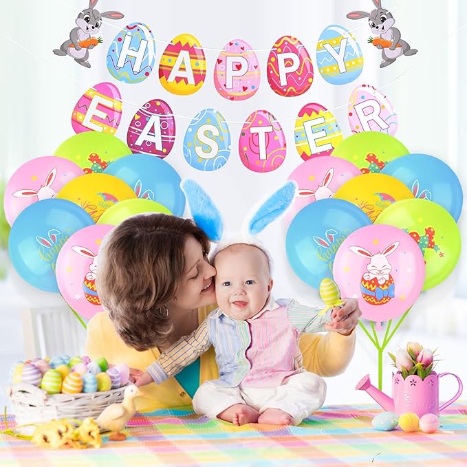 AhfuLife Happy Easter Banner Decorations, 8 Pcs Bunny Egg Chick Hanging Swirl with 12 Pcs Balloons, Larger Easter Banner Sign for Home Office School Decor, Egg Hunt Party Supplies
