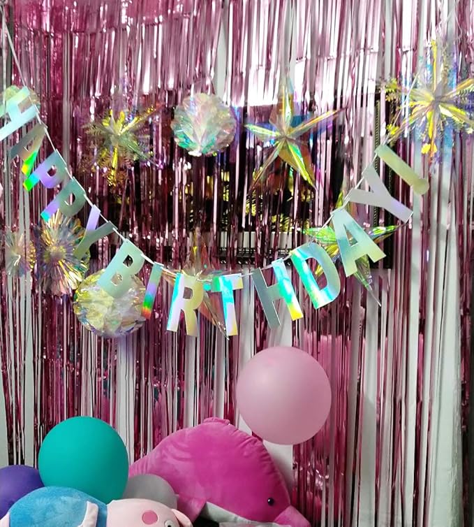 Pre-Strung Happy Birthday Sign - NO DIY - Holographic Hanging Banner Iridescent White Bunting String Flag Garland for Party Decorations (Holographic)