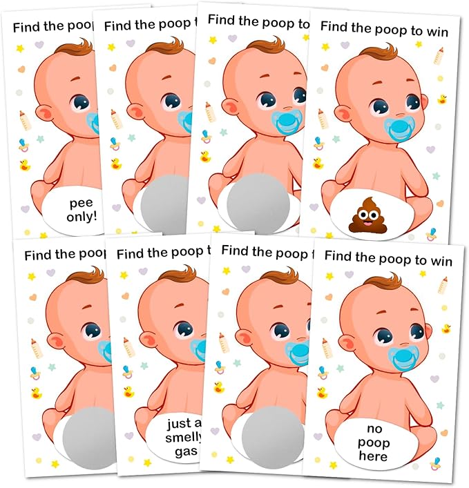 RokAPary Baby Shower Boy Scratch Off Poop Game, Easy to Play Silly Games, Funny Idea, Ice Breaker Activity. Raffle Cards, Blue Pacifier, Set of 40 Cards Made in USA