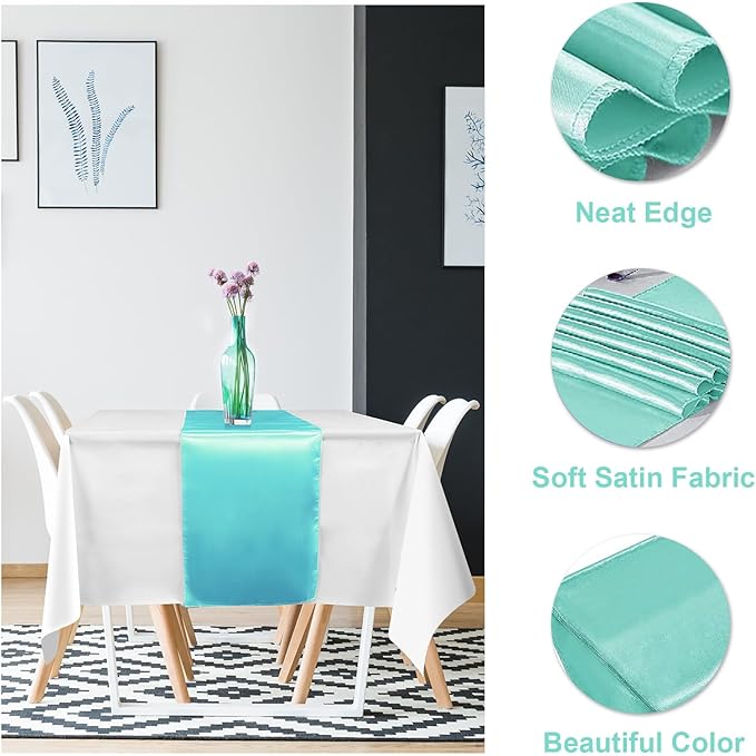 12Pack 12x108 Inch Satin Table Runner and 54x108Inch Plastic Tablecloths Set White and Teal Disposable Rectangle Table Cover for Graduation Wedding Bridal Shower Anniversary Birthday Party Decorations