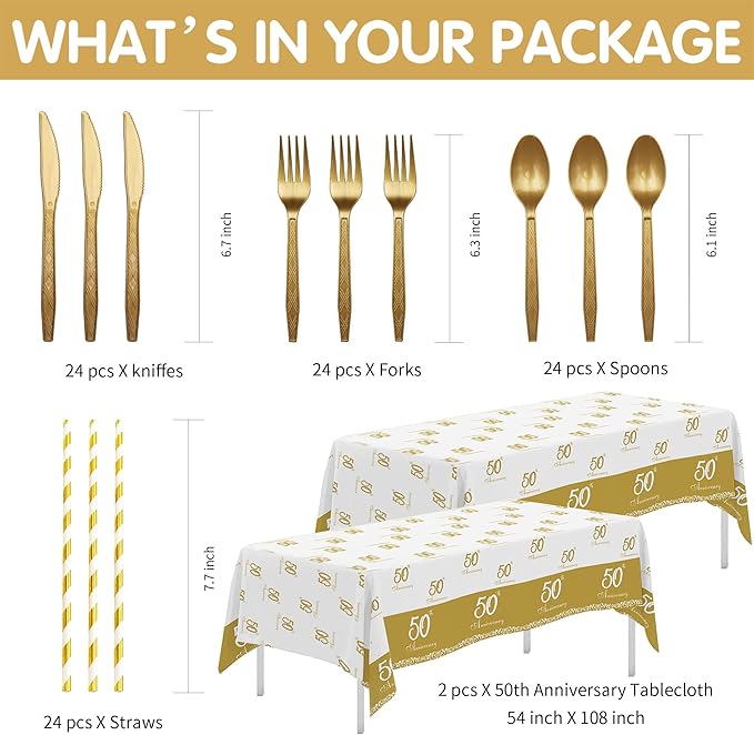 APOWBLS 50th Anniversary Decorations And Supplies Tableware - Golden 50 Year Wedding Anniversary Decorations, Party Plate, Cup, Napkin, Tablecloth, Cutlery, Paper Straw | Serve 24