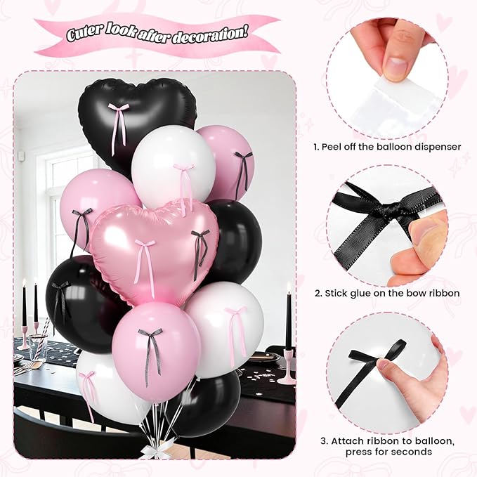 16Pcs Pink and Black Heart Balloons, 38 Inch Bow Balloons, Light Pink Black White Balloon and Bow Heart Shaped Foil Balloon Helium for Women Birthday Wedding Bridal Baby Shower Valentine Decorations