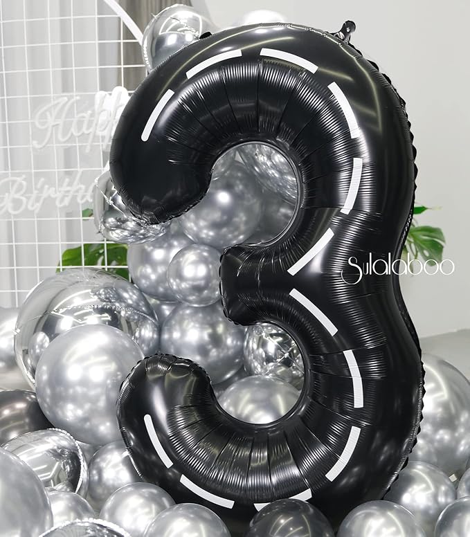 Race Car 40Inch Black 3 Balloon Number Large Helium Race Track 0-9 Giant Digital 3rd Foil Mylar Big Party Number Balloons for Boy Birthday Car Theme Party Anniversary Graduation Decorations