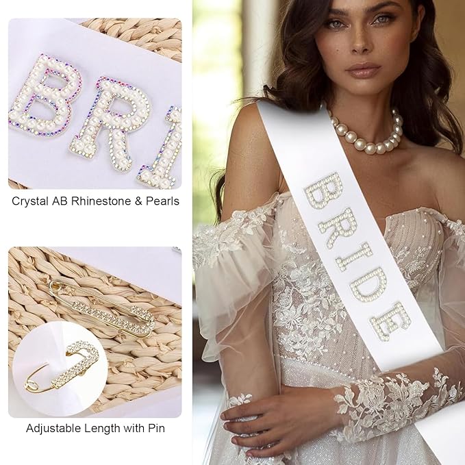 Bride and Groom Sash Set - 3D Rhinestone & Pearl Bachelorette Party Sash with Rhinestone Pin for Wedding Bridal Shower Favors and Engagement Decorations (White and Black)