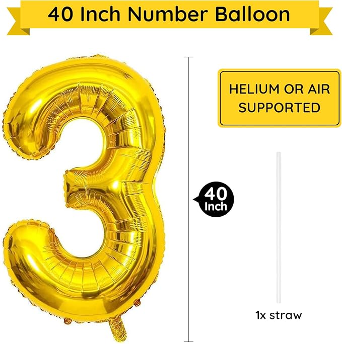 Gold Number 3 Balloon, 40 Inch Large Number Foil Mylar Balloons for 3rd Girl Boy Birthday Party Celebration Decorations Supplies, Digital Balloons for Wedding Anniversary Events Decor