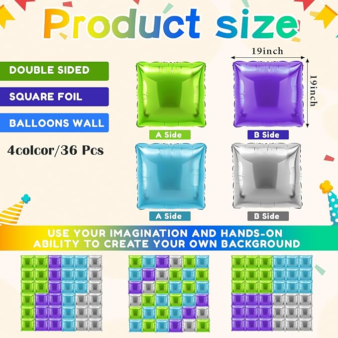 36 Pcs Buzz Birthday Decorations Balloons Brick Square Foil Balloons Wall Backdrop Arch Kit Double Sided Metallic for Cartoon Video Game Party Supplies(Green Purple Blue Silver)