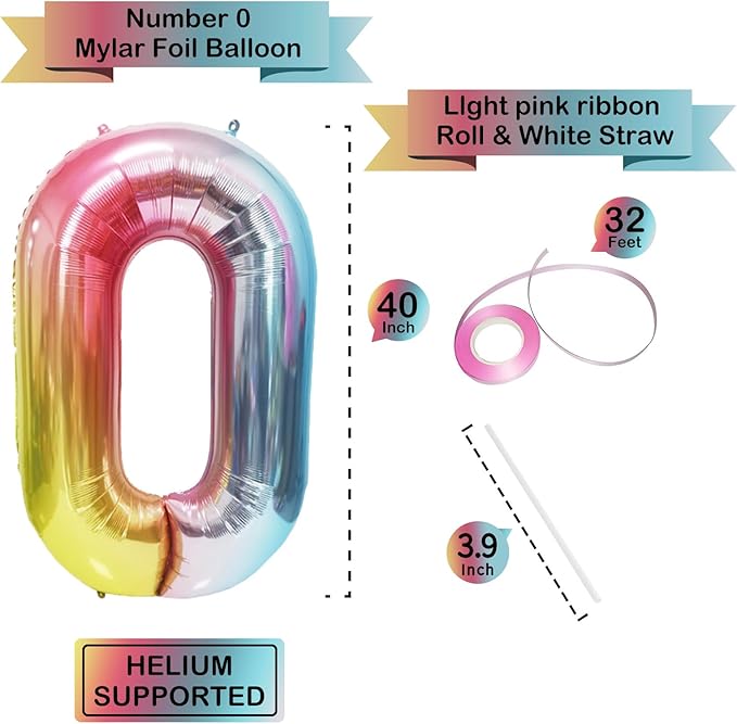 Rainbow Number Balloons Birthday Balloons - Giant Number 0 Balloon 40 inch, Numbers Balloon Birthday Decorations, Rainbow Party Supplies for Baby Shower