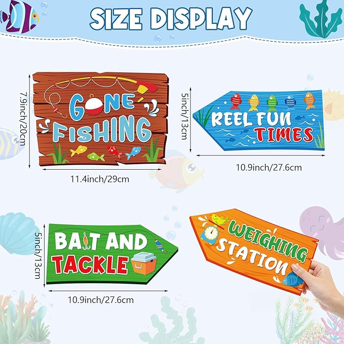 Hooqict 20 Pieces Gone Fishing Sign Fishing Birthday Party Decorations Welcome Direction Signs for Kids Summer Birthday Party Supplies Retirement Decorations Baby Shower Fish Cutouts
