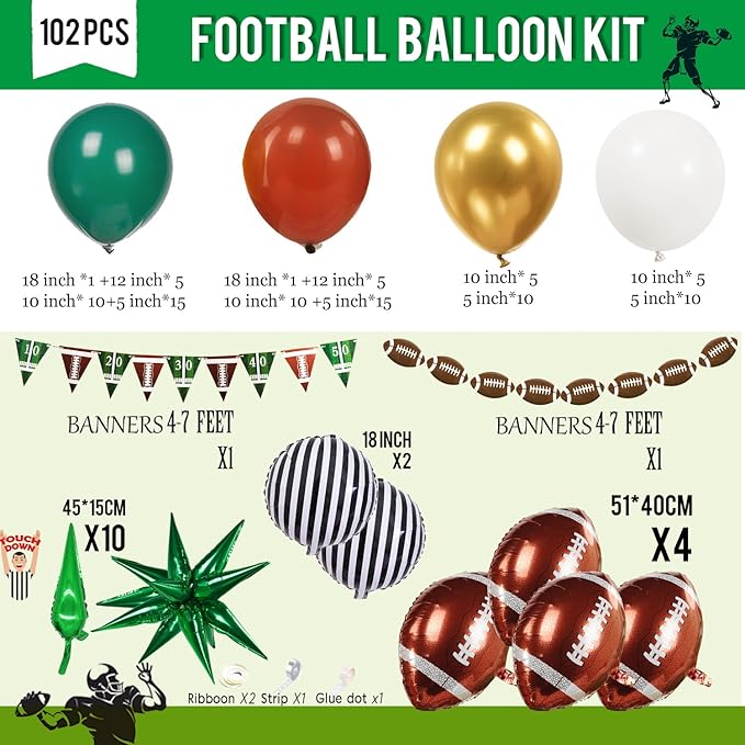 Football homecoming Balloon with Green White Gold Balloons with large star stripe Foil balloons and Football Banner for sport theme tailgate super league touch down birthday decorations