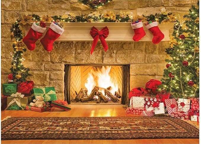 CYLYH 12x10ft Christmas Backdrops Christmas Fireplace Theme Backdrop Tree Sock Decorations for Xmas Party Supplies Photo Background Pictures Banner