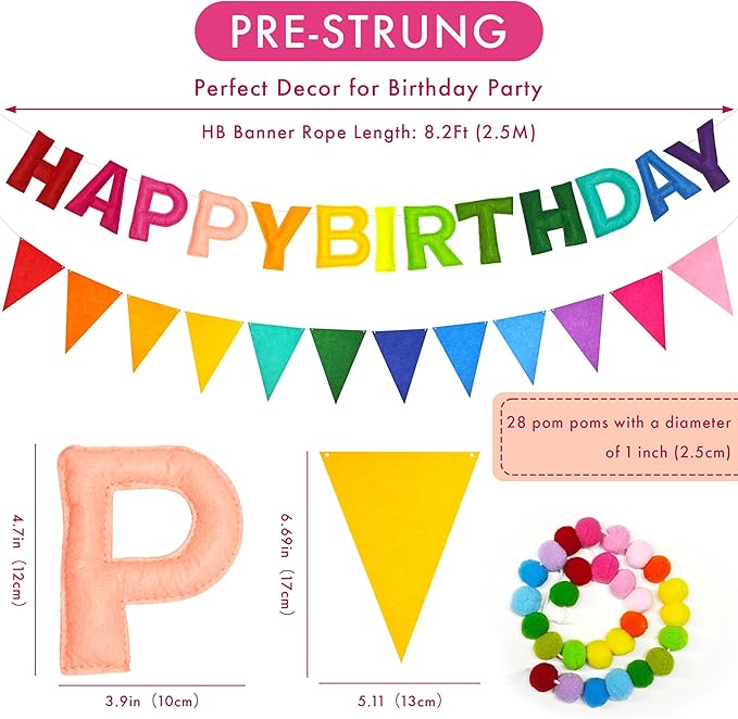 CANREVEL Pre-Strung 3D Rainbow Happy Birthday Banner, 3 PCS Happy Birthday Felt Sign, Pom Pom Garland, Triangle Fabric Bunting, Colorful Reusable Birthday Decorations for Women Men Girls Boys, Multi