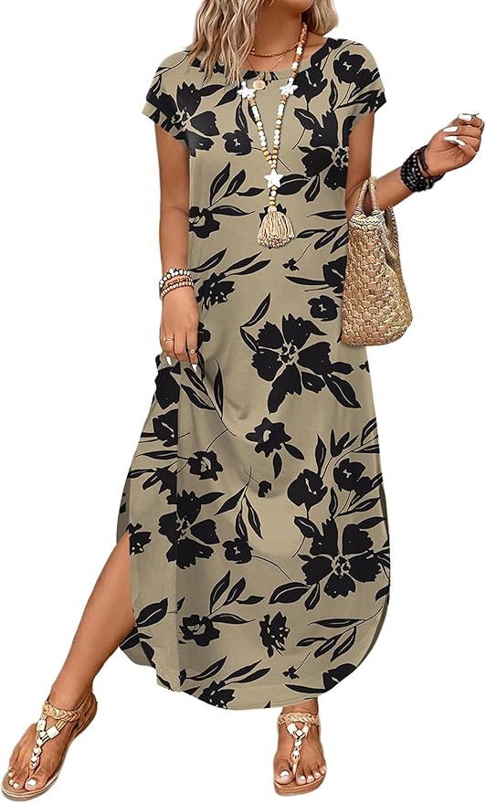 WIHOLL Summer Dresses Cap Sleeve Crewneck Maxi Long Casual Dress with Pockets Beach Vacation Sundresses 2026 Trendy