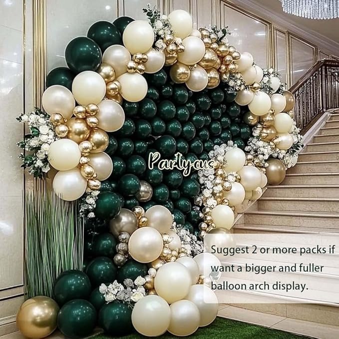 Emerald Green Gold Balloon Arch Kit, Double Stuffed Dark Forest Green Pearl White Sand Ivory Balloon Garland for Birthday Wedding Anniversary New Year Valentines Party Decoration