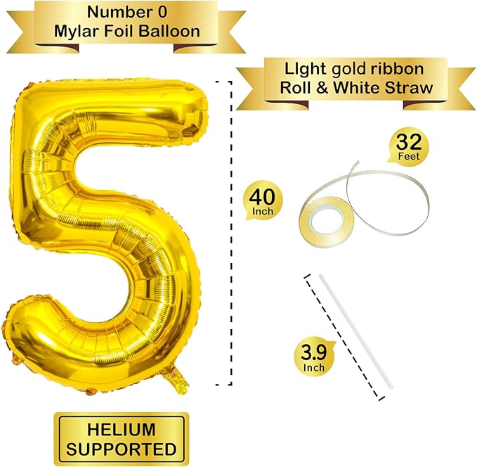 Gold Number Balloons Birthday Balloons - Giant Gold Number 5 Balloon 40 inch, Numbers Balloon Birthday Decorations, Gold Party Supplies for Women Men