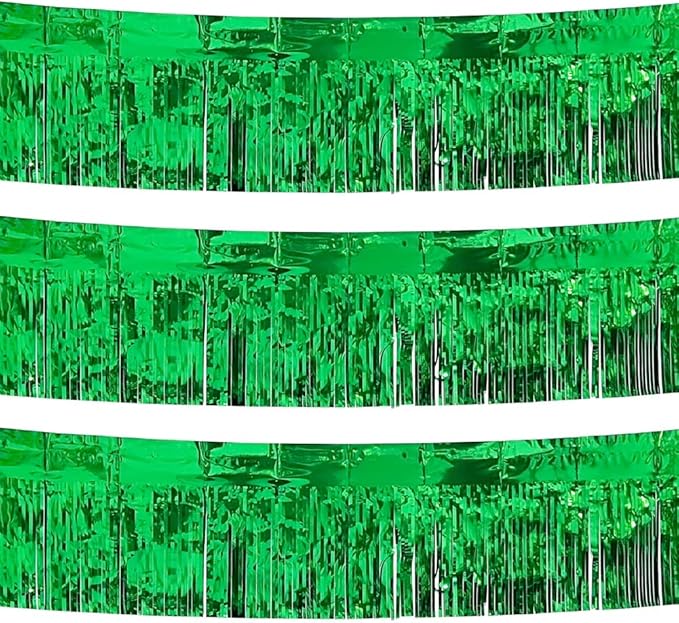 3 Pack Total 30 Feet Green Foil Fringe Garland Metallic Wall Hanging Drapes Tassel Skirting Tinsel Streamers Decorations for Parade Float Trailer Mardi Gras Party Birthday St. Patrick's Day