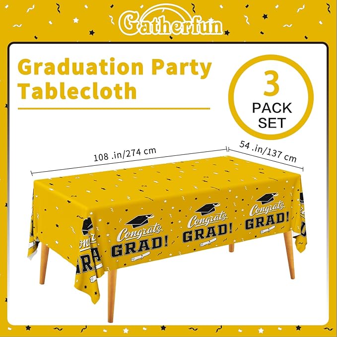 Gatherfun Graduation Party Decorations, Gongrats Grad Tablecover for Graduation Party Supplies, 3 pcs Yellow Table Cloths, 54"x108"