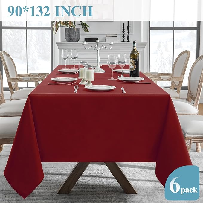 VidaFete Tablecloth 6 Pack 90 * 132inch Rectangle Table Cloth Polyester, Stain Wrinkle Resistant Polyester Dining Table Cover for Kitchen Dinning Party Wedding Rectangular Buffet Decoration(Red)