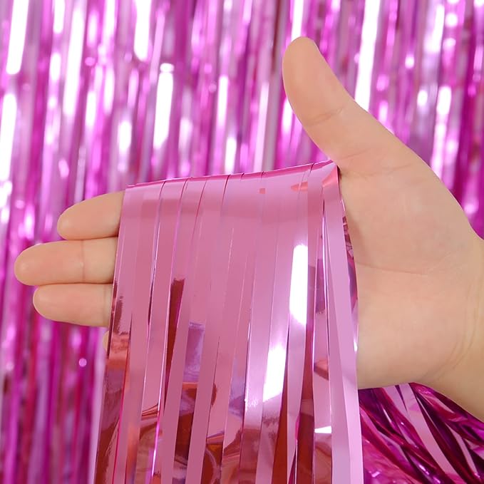 Pink Foil Fringe Curtains Tinsel Backdrop, Melsan 3.2 x 8 ft Metallic Tinsel Curtains Party Decorations for Baby Shower, Princess Themed Birthday Party Backdrop - Pack of 2