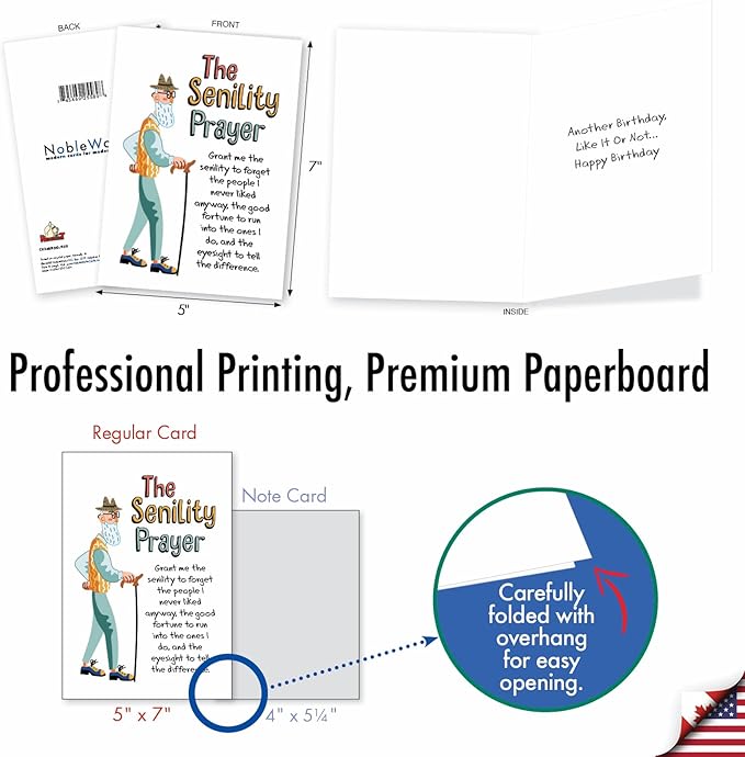 NobleWorks - 1 Funny Happy Birthday Notecard - Old Men Humor Greeting Card with Envelope - Man's Senility Prayer C9348BDG