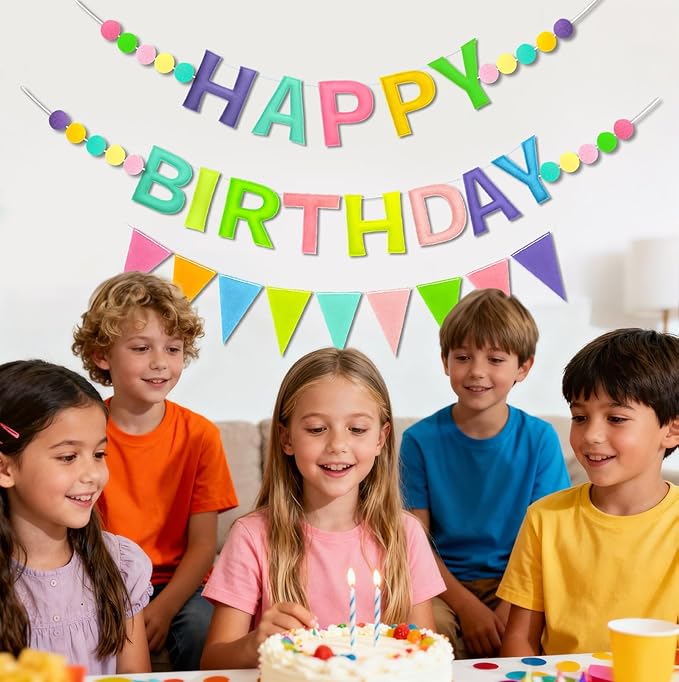 Happy Birthday Banner Decorations - Pre-Strung 3D Felt HAPPY BIRTHDAY Sign for Party Decor | Rainbow Reusable Happy Birthday Garland, Ball, Pennant Flag (2-Macaron)