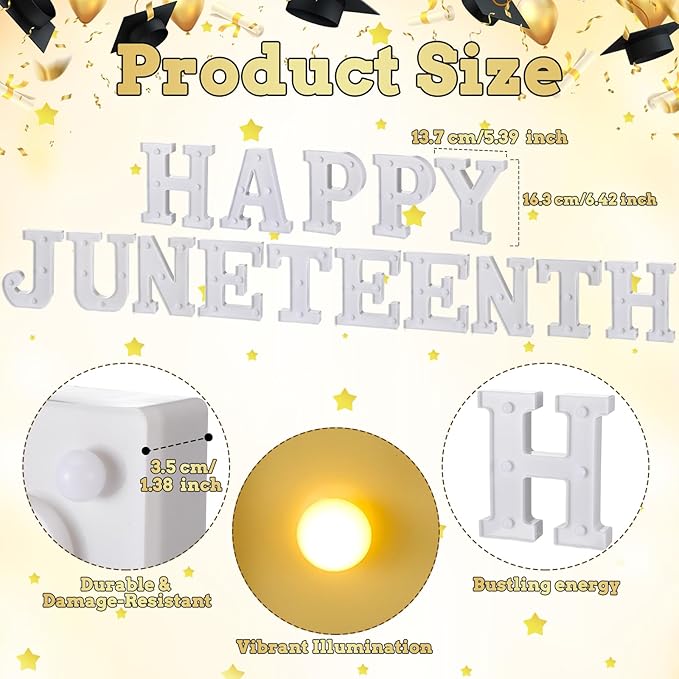 Honoson 15 Pcs 6.5 Inch Juneteenth Party Decorations Happy Juneteenth LED Letter Lights Sign Lights Table Decoration for Freedom Day American Independence June 19th 1865 Celebration Home Office Decor