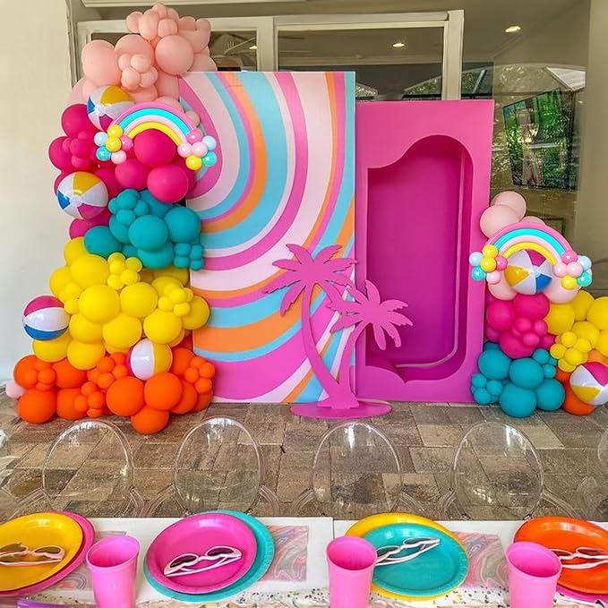 155 Pcs Summer Rainbow Balloons Arch Kit, Hot Pink Teal Blue and Yellow Neon Balloon Garland Kit Pool Birthday Decor, Pastel Pink Blue Colorful Long Balloon as Rainbow Tropical Luau Party Decorations