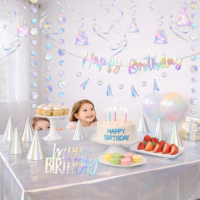 28-Piece Iridescent Birthday Party Decoration Kit – Happy Birthday Banner, Hanging Swirls, Garlands, Table Centerpiece, Tablecloth & Cone Hats for a Shimmering, Photo-Ready Celebration