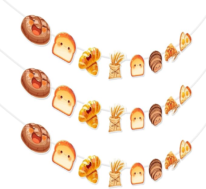3pcs Bread Party Decorations Garland, Breakfast Bread Party Decorations Bread Hanging Garland Bakery Toast Bread Grain Pre-Strung Garland for Bread Themed Birthday Baby Shower Party Supplies
