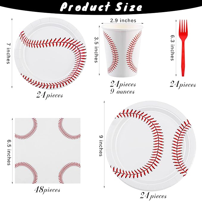 durony 144 Pieces Baseball Paper Plates and Napkins Dinnerware Set Baseball Birthday Party Tableware Supplies Includes Paper Plates Napkins Forks Serve 24 for Sports Baseballs Party Supplies