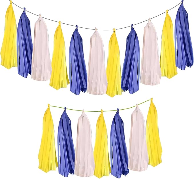 Yellow White & Blue Paper Tassels Garland Banner - Handmade Tassel Decor for Party, Wedding Backdrop, DIY Crafts (30-Pack)