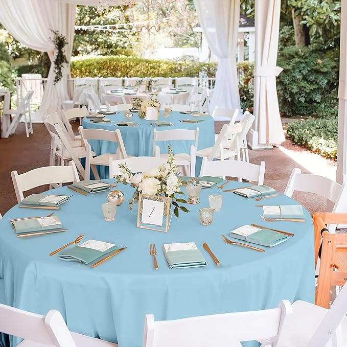Mulbozy 12 Pack Light Blue Round Tablecloth, 84 Inches Plastic Table Cover, Premium Disposable Round Party Tablecloth for Restaurant Dinners, Wedding, Grad Party, Baby Shower, Outdoor Camping