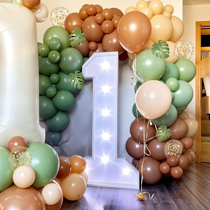 Woodland Balloon Arch Kit, Sage Green Brown Nude Metallic Confetti Gold Deer Foil Balloons with Palm Leaves for Boy Baby Shower Decoration Safari Jungle Birthday Party Gender Reveal
