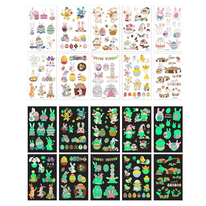 80Pcs Easter luminous temporary tattoos for kids,Glow in The Dark Easter Basket party Tattoos stickers, dwarf colored egg carrot rabbit egg facial makeup Tattoos, holiday party Supplies Favors Gifts