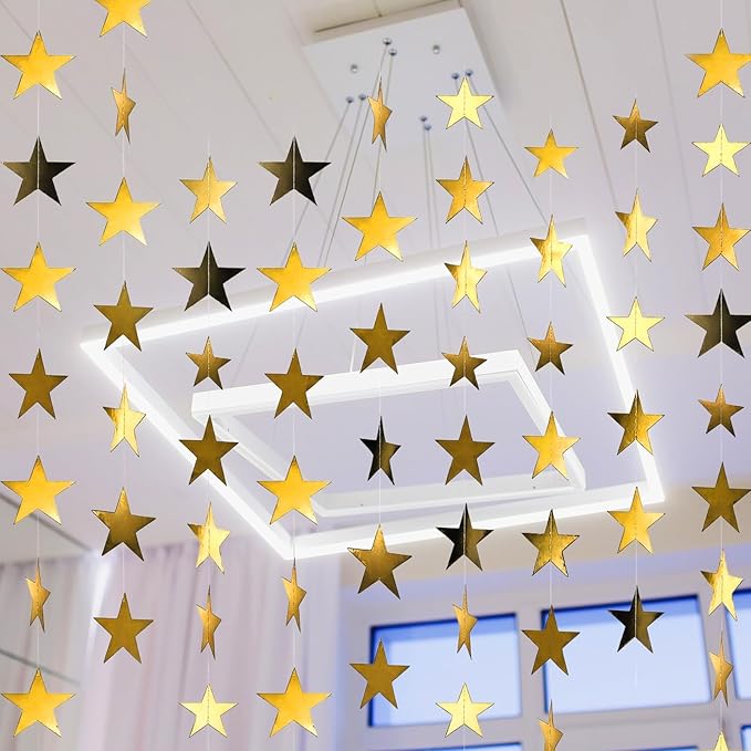 Spakon 65 Feet Glitter Star Paper Garland Banner Hanging Decoration Star Streamers Double Side 2026 Graduation Decorations for Wedding Birthday Festival New Year Party Decoration(Gold Black)