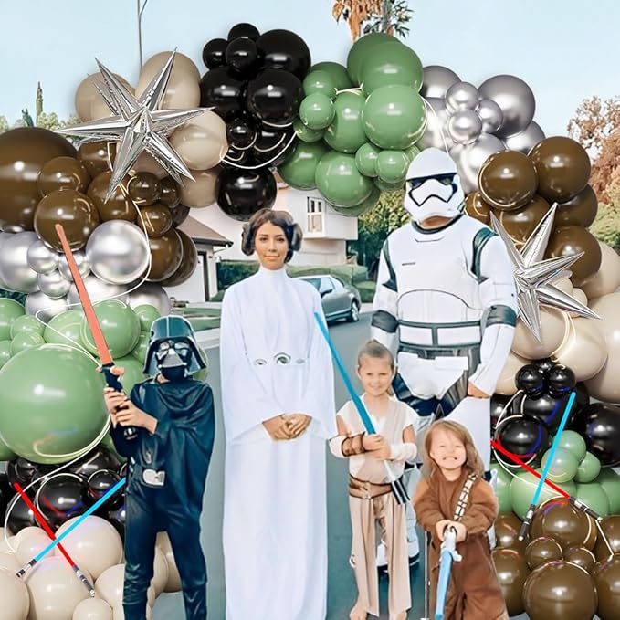 Galaxy Wars Party Decorations 149Pcs Sage Green Brown Balloon Garland Arch Kit Sand White Black Silver Balloons for Universe Star Birthday One With The Force Party Supplies