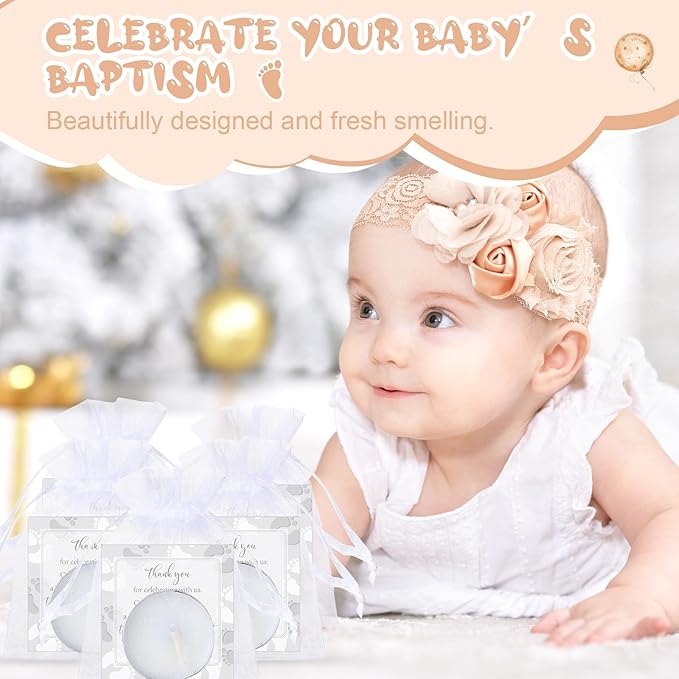 50 Sets Baby Shower Party Favors Including 50 Pcs Unscented Tealight Baby Shower Candles Gift Bags Cards for Gender Reveal Party Supplies(White Silver)