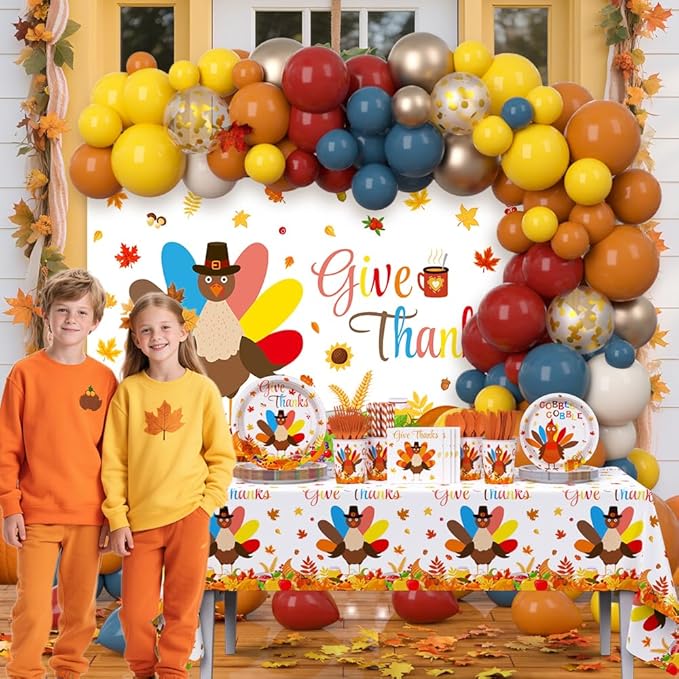 295 Pcs Turkey Thanksgiving Decorations Autumn Disposable Dinnerware Decorations Includes Plates, Cup, Napkin, Tablecloth, Give thanks Themed Balloons Disposable Tableware Serve 24 Guests