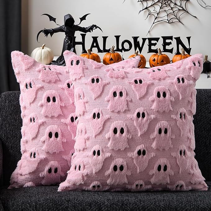 DFXSZ Halloween Pillow Covers 16x16 inch Set of 2 Pink Ghost Throw Pillow Cases Soft Plush Faux Fur Wool Couch Cushion Case for Chair Sofa Bedroom Living Room Home Decor PTK03B16