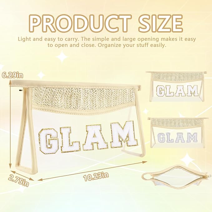 Iqimott Clear Patch Makeup Bag, Boho Preppy Chenille Letter Cosmetic Bag, Waterproof Zipper Make up Bag Toiletry Pouch for Women Girls, Clear Transparent Organizer Pouch for Travel