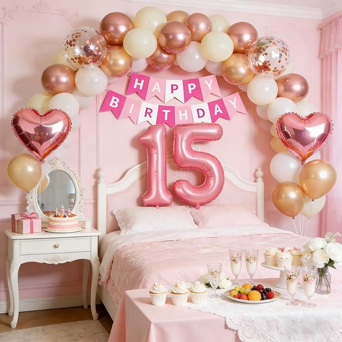 15th Birthday Decorations for Girls, Rose Gold Quinceanera Party Supplies Set with Mis Quince Banner, Number 15 Balloon and Foil Fringe Curtains