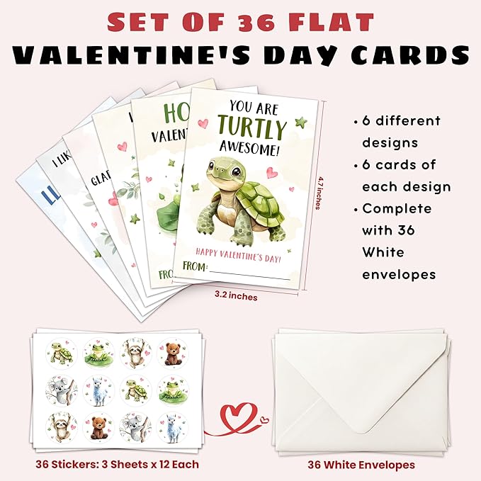 Pawzity 36 Packs Valentines Day Cards for Kids - Animal Valentines Day Card for Kids Classroom School, Boys, Girls, Toddlers - 6 Designs 3.2''x 4.7'' Animals Turtle, Frog, Sloth, Bear, Koala, Llama