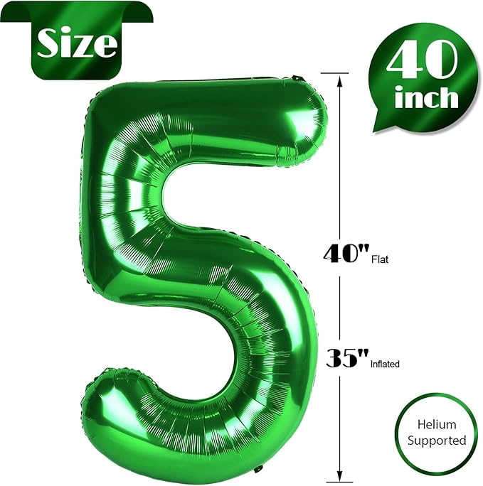 Green Number 5 Balloon 40 Inch, 5 Balloon Number, 5th Birthday Decorations, Green Party Supplies for Boys Girls